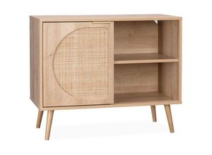 3760216532005 - Alices Garden - sweeek - Skandinavisches Sideboard mit Holzdekor und abgerundetem Rohrgeflecht 1 Tür 80cm - Natur