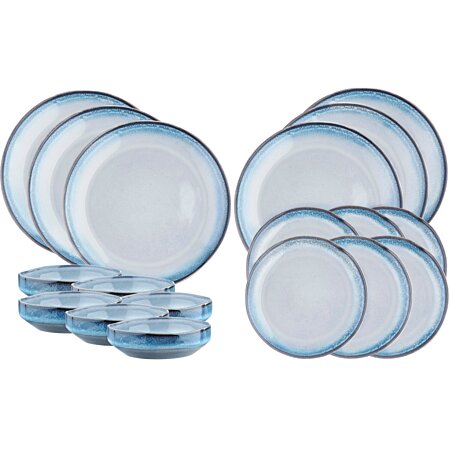 3760293967769 - Geschirr 18-teiliges Set - weiß blau mit schwarzem Rand