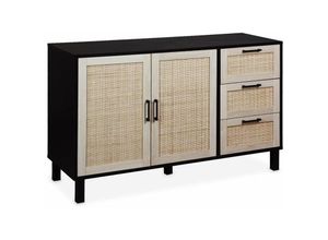 3760350651587 - Alices Garden - sweeek - Skandinavisches Sideboard mit Holzdekor und Rohrgeflecht 2 Türen 120 cm - Schwarz