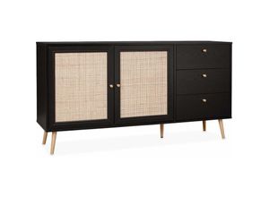 3760350654687 - Alices Garden - sweeek - Skandinavisches Sideboard Holzeffekt mit Rattangeflecht 2 Türen 150 cm - Schwarz