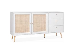 3760350654694 - Alices Garden - sweeek - Skandinavisches Sideboard Holzeffekt mit Rattangeflecht 2 Türen 150 cm - Weiß