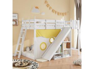 3781280148794 - Okwish - Etagenbett Holzbett mit Treppen und Zäunen mit Bettvorhang Rutsche und Regal Kinderbett mit Rausfallschutz und Gitter Gestell Kiefer