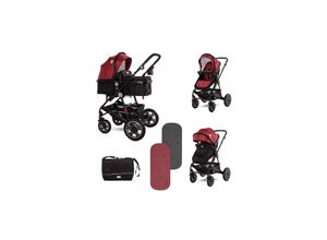 3800151995081 - Kinderwagen Lora faltbar Gummiräder Tragetasche Sportsitz Fußabdeckung rot schwarz