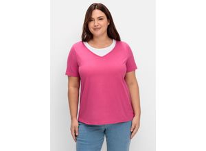 3800979044329 - Große Größen Kurzarmshirt in Layeroptik mit Ziernieten fuchsia Gr40