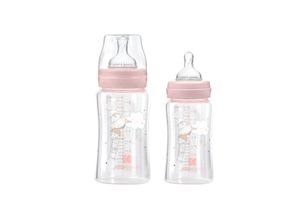 3801302021215 - Kikkaboo Baby Glasflasche 240 ml Weithalsöffnung Deckel Silikonsauger Größe M rosa