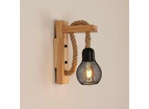 3879883269111 - Qiedie - Vintage-Industrie-Wandleuchte rustikale Holz-Wandlampe schwarzer Metallkäfigschirm Hanfseil-Hängewandlampe für Schlafzimmer Wohnzimmer