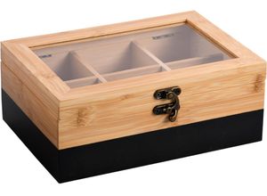 4000270589409 - Teebox KESPER Aufbewahrungsbox mit 6 Fächern aus Bambus FSC schwarz B22cm H85cm L15cm Bambus Lebensmittelaufbewahrungsbehälter mit Kunststoff-Sichtfenster und Metallverschluss