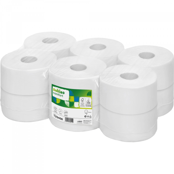 4000735322923 - Satino comfort Toilettenpapier Großrollen 2-lagig hochweiß Jumborolle aus 100 % Recyclingpapier 1 Paket = 12 Rollen á 180 Meter JT1-kompatibel