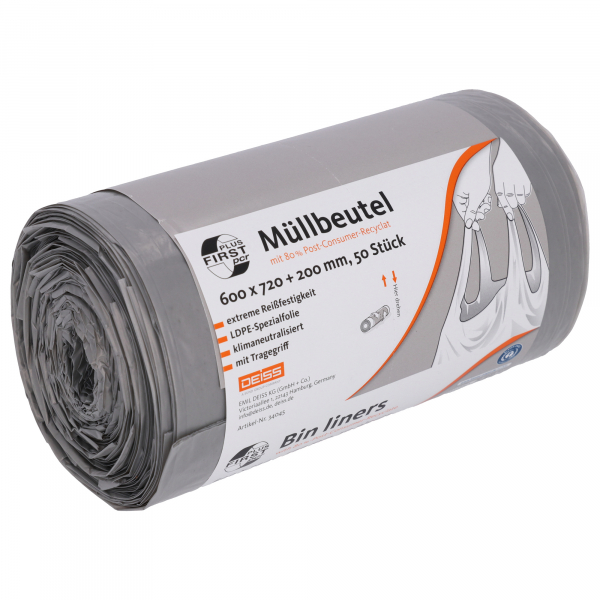 4001553700108 - FIRST PLUS Müllbeutel mit Tragegriff LDPE 14 µm grau B 600 x H 920 mm 60 Liter 1000 Stück