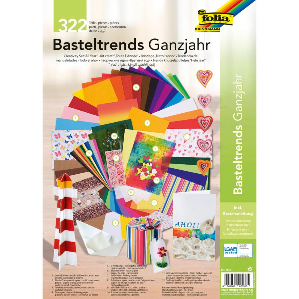 4001868025385 - Folia Basteltrends Ganzjahr - Bastelset mit verschiedenen Papieren Bastelpappen Wellpappe Quilling-Papierstreifen Aufkleber und Schmucksteinen