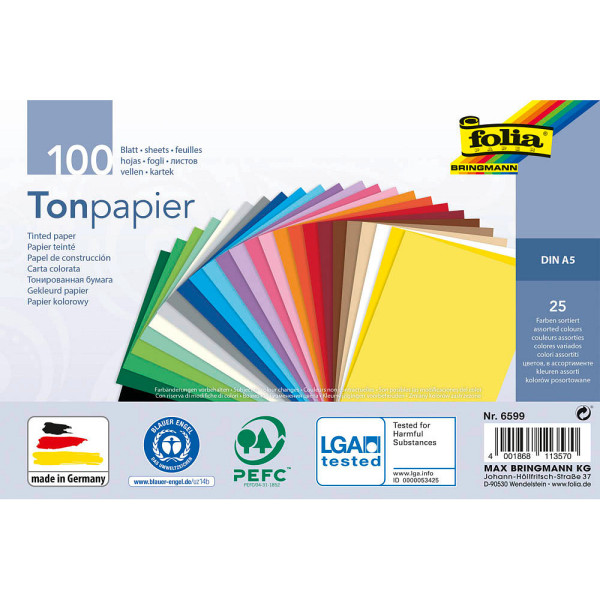 4001868113570 - Tonpapier farbsortiert A5 130 g qm 4001868113570 folia 6599 100 Blatt