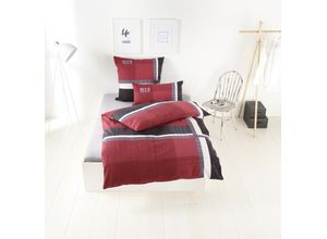 4002134666745 - Bettwäsche HIS Linus in Gr 135x200 oder 155x220 cm Gr B L 135 cm x 200 cm (1 St) B L 80 cm x 80 cm (1 St) Renforcé rot Renforcé-Bettwäsche Biber kuschelig warm im Winter gestreifte Bettwäsche aus Baumwolle