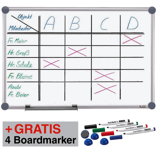 4002390037525 - AKTION MAUL Whiteboard 2000 MAULpro 1200 x 900 cm weiß spezialbeschichteter Stahl + GRATIS 4 Boardmarker farbsortiert und 4 Kugelmagnete blau