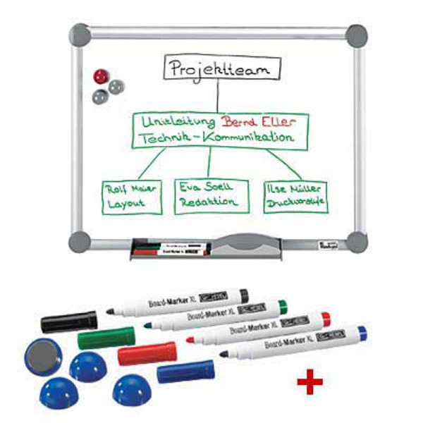 4002390037570 - AKTION MAUL Whiteboard 2000 MAULpro 900 x 600 cm weiß emaillierter Stahl + GRATIS 4 Boardmarker farbsortiert und 4 Kugelmagnete blau