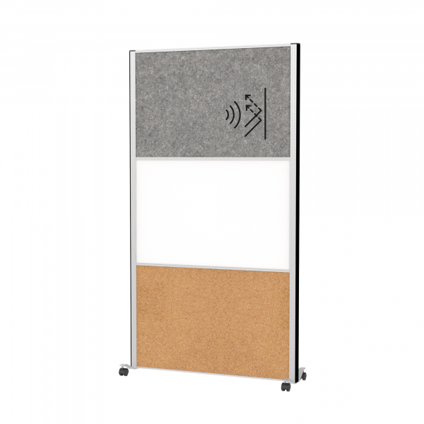 4002390090049 - MAUL Stellwandsystem MAULconnecto 1 x Akustikvlies dunkel 1 x Whiteboard 1 x Korkwand auf Rollen H 1800 x B 1000 mm silber