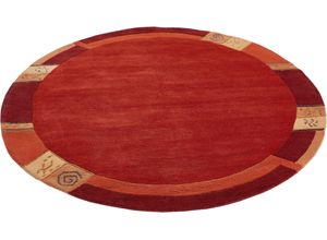 4002398153357 - Wollteppich LUXOR LIVING India Teppiche Gr Ø 150 cm 20 mm 1 St rot Esszimmerteppiche reine Wolle handgeknüpft mit Bordüre