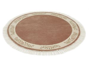 4002398413673 - Wollteppich LUXOR LIVING Giza Teppiche Gr Ø 150 cm 12 mm 1 St rosa (altrosa) Fransenteppich Esszimmerteppiche reine Wolle handgeknüpft mit Bordüre und Fransen Orient-Teppich