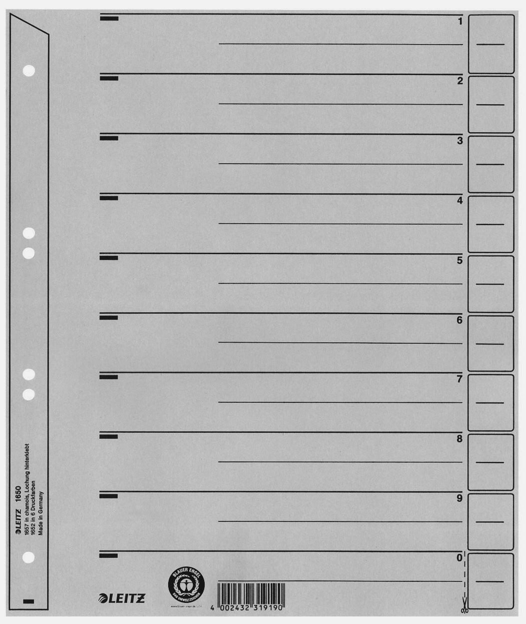 4002432328772 - 1 bis 10 Register DIN A5 quer Grau 1-teilig Pappkarton 4 Löcher 1656 100 Stück