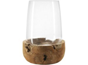 4002541844163 - Windlicht LEONARDO Kerzenhalter TERRA mit Teaksockel für Stumpenkerzen Kerzenhalter Gr H 45 cm beige (transparent natur) Windlichter Laternen aus Glas und Holz Höhe ca 45 cm