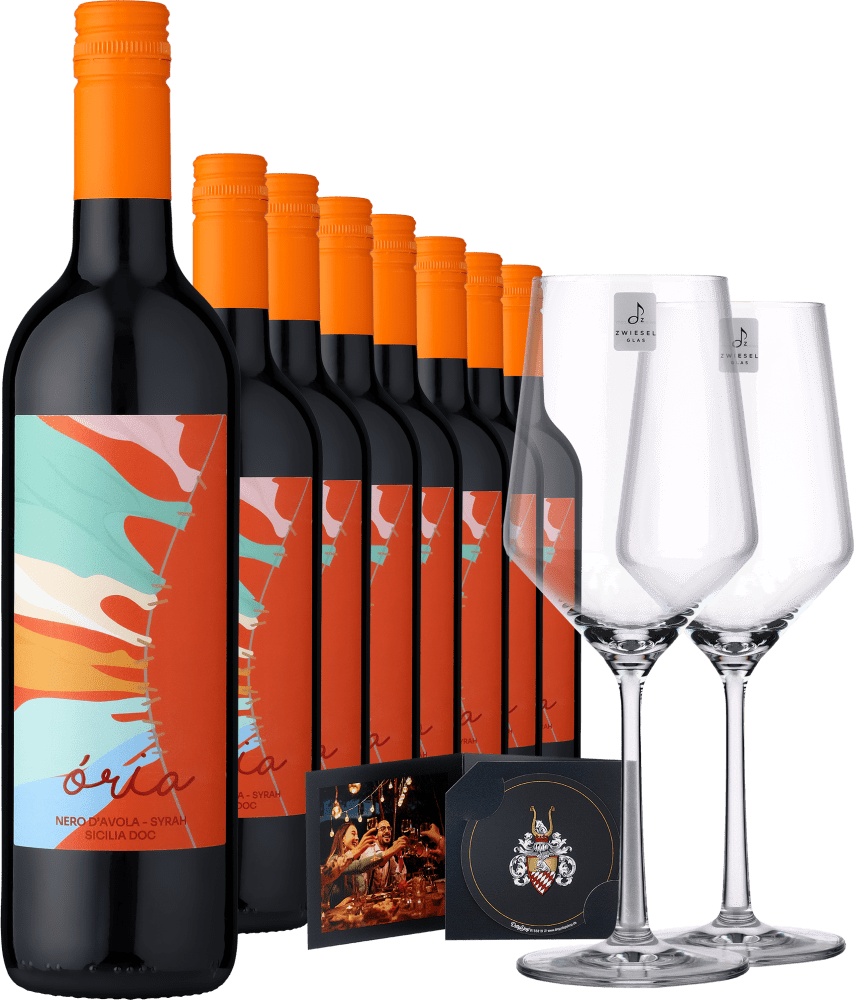 4002859986081 - 2022 Ória Nero dAvola Syrah im 8er-Vorratspaket inkl 2er-Set Zwiesel Glas »PURE« & Drop Stop