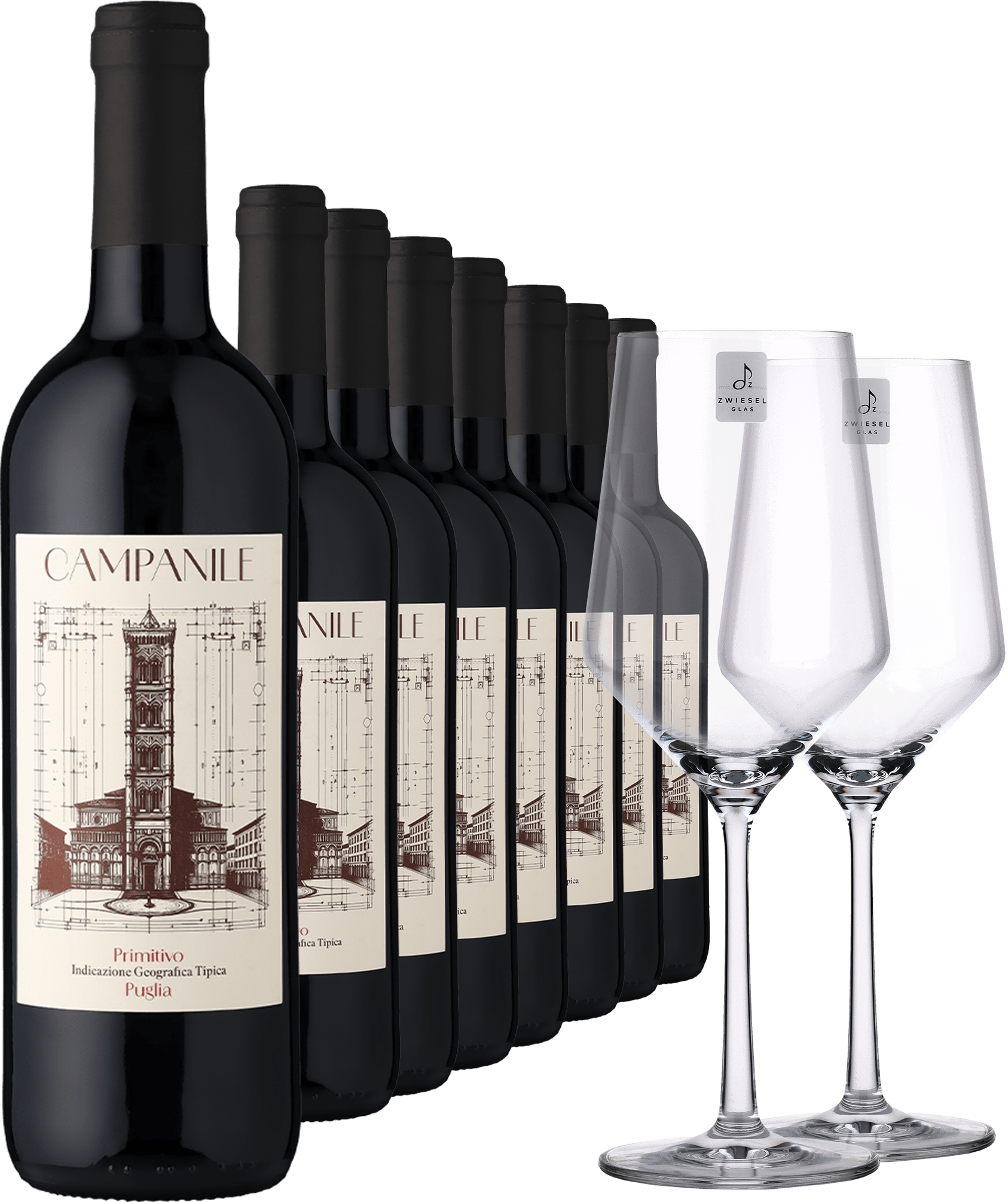 4002859987620 - 2023 Campanile Primitivo im 8er-Vorratspaket inkl 2er-Set Zwiesel Glas »PURE«