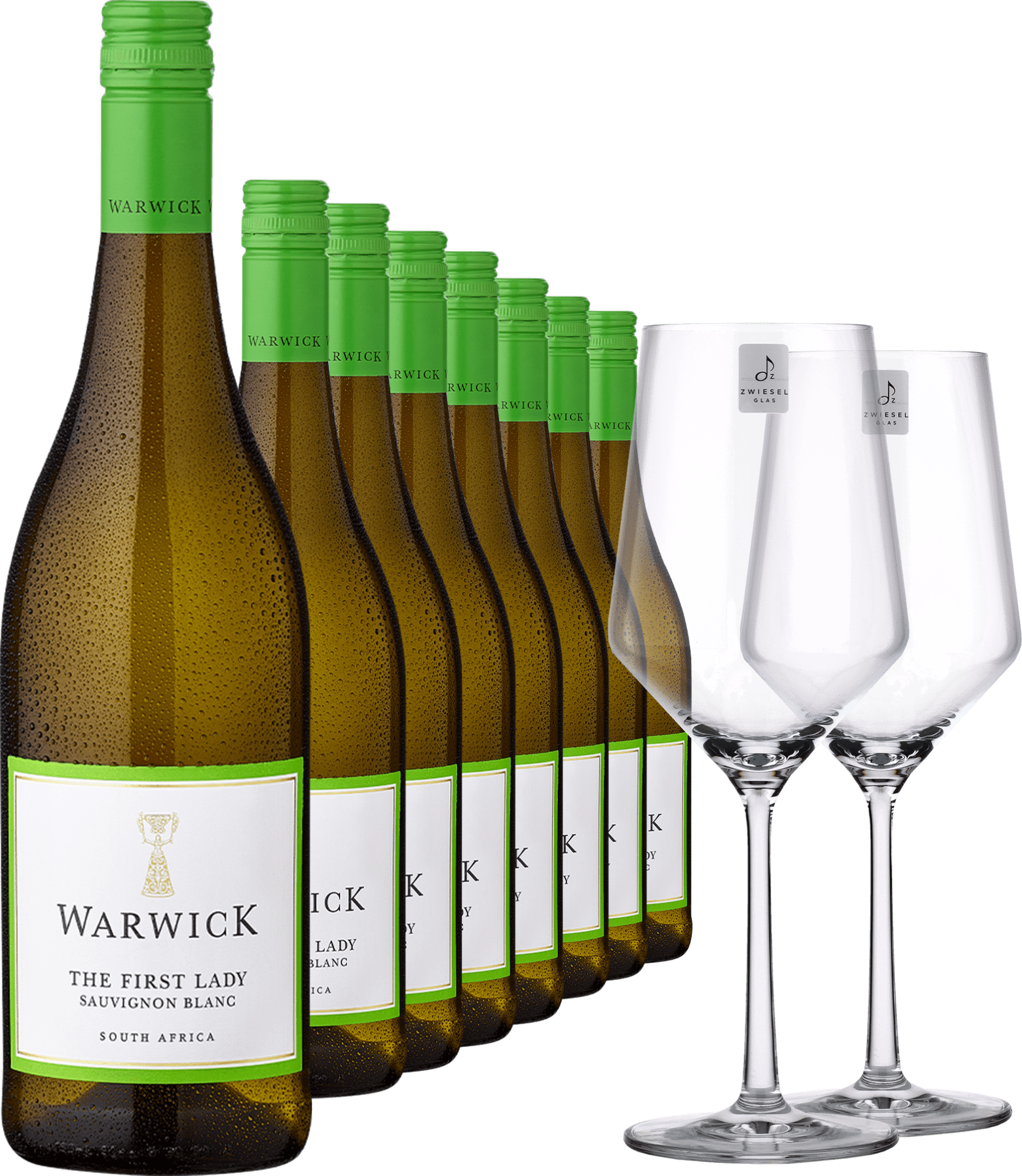 4002859994673 - 2024 Warwick Estate »The First Lady« Sauvignon Blanc im 8er-Vorratspaket inkl Zwiesel PURE Gläser-Set