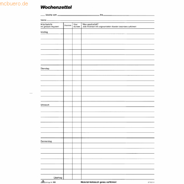 4002871016506 - Wochenlohnzettel 165 A4 Montag-Sonntag 100 Blatt 4002871016506 RNK