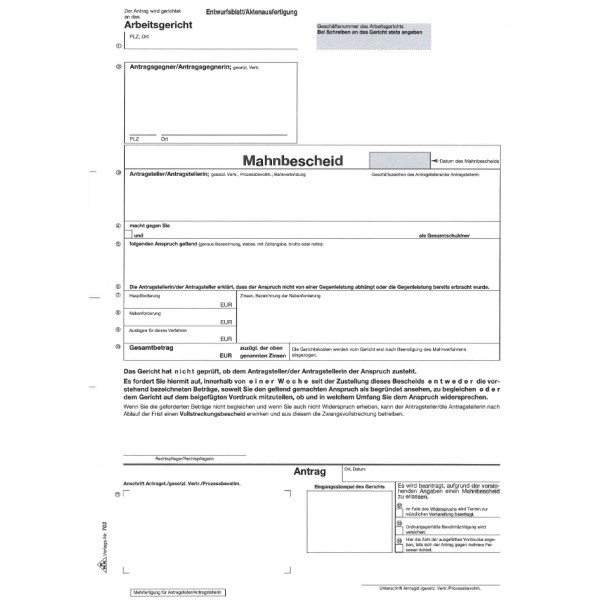 4002871070300 - Vordruck für den Mahn- und Vollstreckungsbescheid Arbeitsgericht A