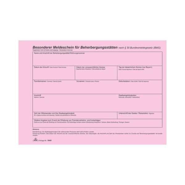 4002871164900 - Meldeschein für Beherbergungsstätten 1649 für alle Bundesländer A5-quer rot 100 Blatt 4002871164900 RNK