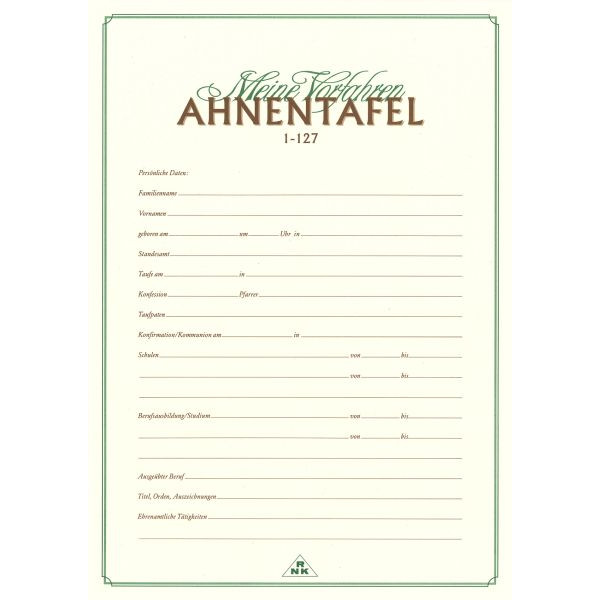 4002871280105 - 5 x Ahnentafel 1-127 für 7 Generationen auf Urkundenpapier A2 gefa