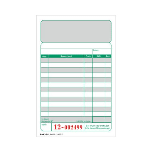 4002871295215 - Kassenblock 2952F mit Nummerierung zweifarbig 15x10cm 2x 50 Blatt oben geheftet