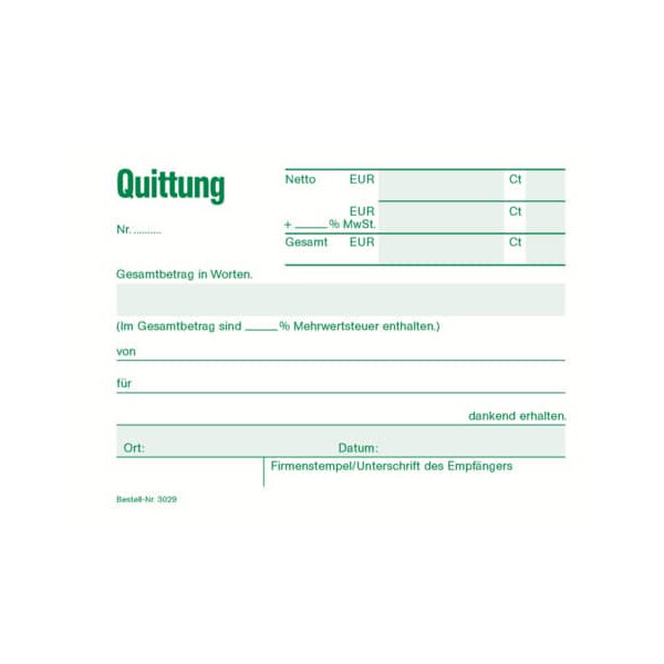 4002871302906 - Kassenformulare Quittung mit MwSt separat ausgewiesen mit fortlaufenden Nummern 3029 DIN A6 quer 50 Seiten