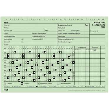 4002871996198 - Urlaubskarte 2026 A5 grün 4002871996198 - Urlaubskarte 2026 A5 grün