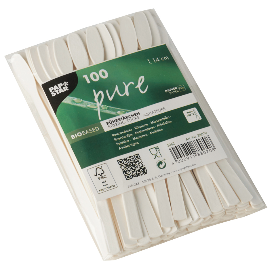 4002911880708 - Rührstäbchen Pure Paddelform Einweg L 140 mm 100 % biologisch abbaubar FSC®-zertifiziertes Papier weiß 100 Stück