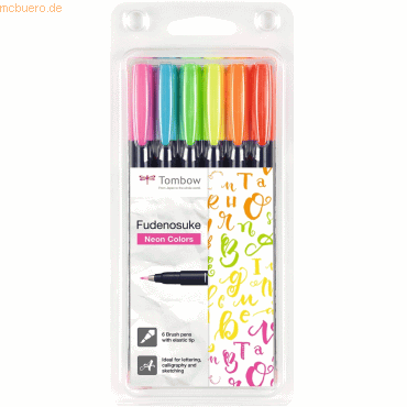 4003198111028 - set von 6 fudenosuke wasserbasierten markern mit harter elastischer spitze neonfarben (1 stk pro farbe) tombow ws-bh-6p