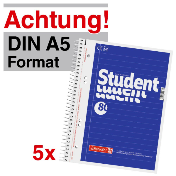 4003273344662 - Collegeblock 1067951 Student Kleinformat   liniert A5 70g  4003273344662 5 Block