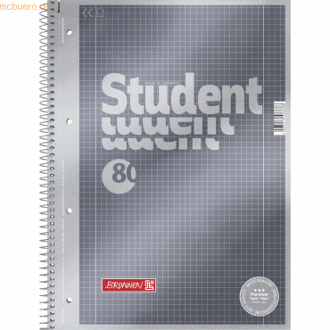 4003273566668 - BRUNNEN Student Premium Collegeblock DIN A4 Spiralbindung Kariert Pappkarton Anthrazit-Metallic Perforiert 160 Seiten 80 Blatt