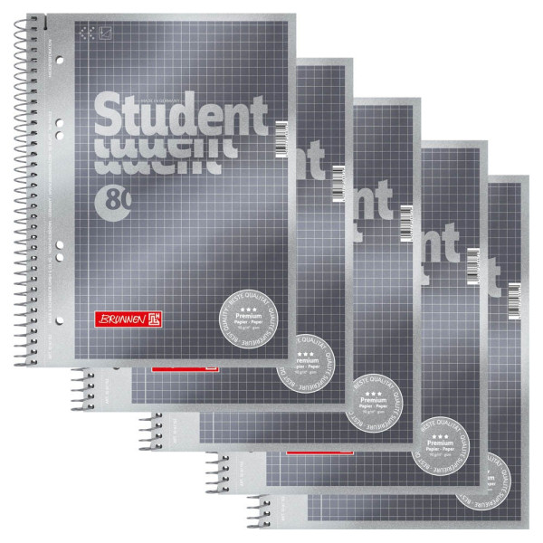 4003273566729 - BRUNNEN Student Premium Notizbuch DIN A5 Kariert Spiralbindung Pappkarton Anthrazit-Metallic Perforiert 160 Seiten 80 Blatt