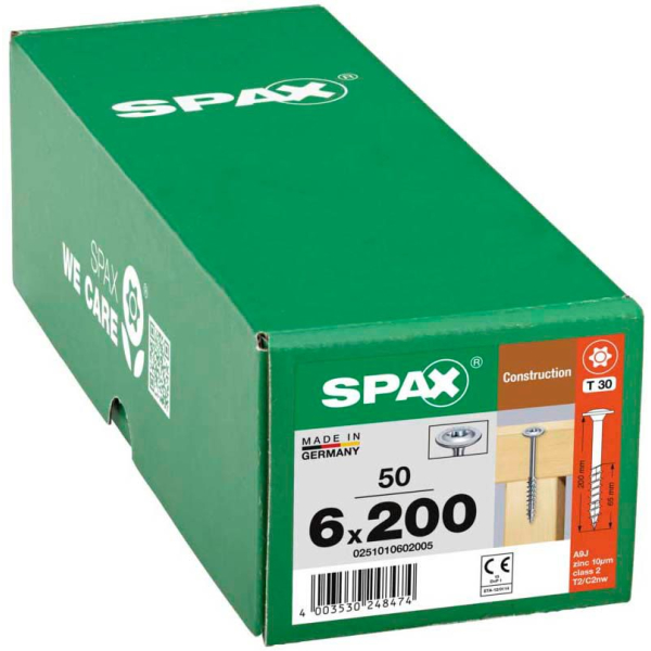 4003530248474 - Hiforce 6 x 200 mm 50 Stück Teilgewinde Tellerkopf t-star plus T30 4CUT wirox - 0251010602005 - Spax