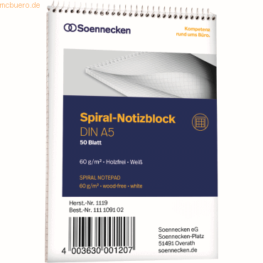 4003630001207 - Notizblock 1119 DIN A5 60g kariert 50Blatt weiß 4003630001207 Soennecken 4003630001207 - Notizblock 1119 DIN A5 60g kariert 50Blatt weiß 4003630001207 Soennecken