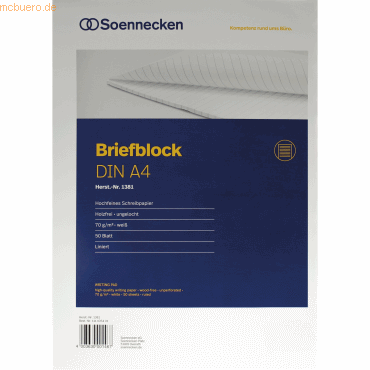 4003630001467 - Briefblock 1381 Lineatur 21   liniert A4 70g weiß 50 Blatt 4003630001467 Soennecken