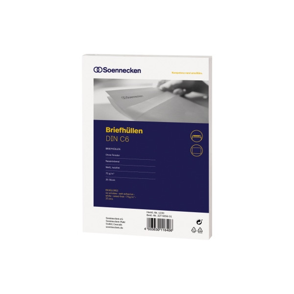 4003630116406 - Briefumschlag din C6 162 x 114 mm (b x h) ohne Fenster 75g m² mit gummierter Klappe Papier weiß 25 St Pack - Soennecken 4003630116406 - Briefumschlag din C6 162 x 114 mm (b x h) ohne Fenster 75g m² mit gummierter Klappe Papier weiß 25 St Pack - Soennecken