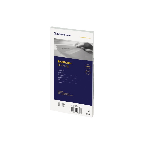 4003630116567 - Briefumschlag din lang 220 x 110 mm (b x h) ohne Fenster 75g m² mit gummierter Klappe Papier weiß 25 St Pack - Soennecken 4003630116567 - Briefumschlag din lang 220 x 110 mm (b x h) ohne Fenster 75g m² mit gummierter Klappe Papier weiß 25 St Pack - Soennecken