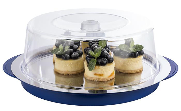 4004133090934 - Kuchenplatte Thermo Tablett Set blau (blau transparent edelstahlfarben) H15cm Ø34cm Edelstahl Kunststoff Servierplatten Kuchenplatte Tortenplatte Ø 34 cm Kühlfunktion durch 2 Kühlakkus