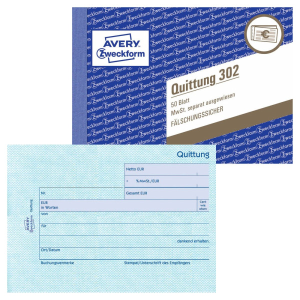 4004182003022 - AVERY Zweckform Quittung MwSt separat ausgewiesen Formularbuch 302 - 1x 50 Blatt