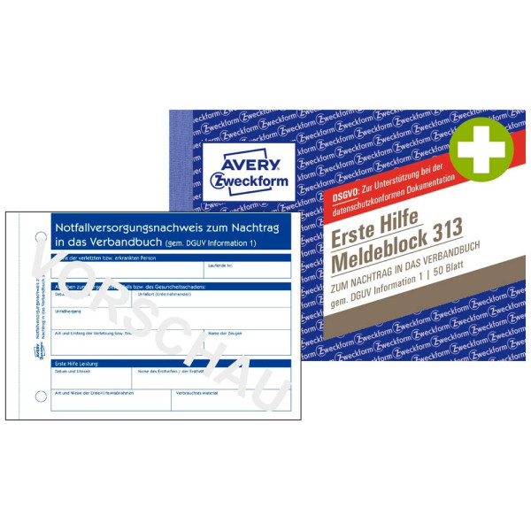 4004182003138 - AVERY® Zweckform Meldeblock „Erste Hilfe DGUV Vorschrift 1“ gelocht 50 Blatt weiß DIN A6 quer