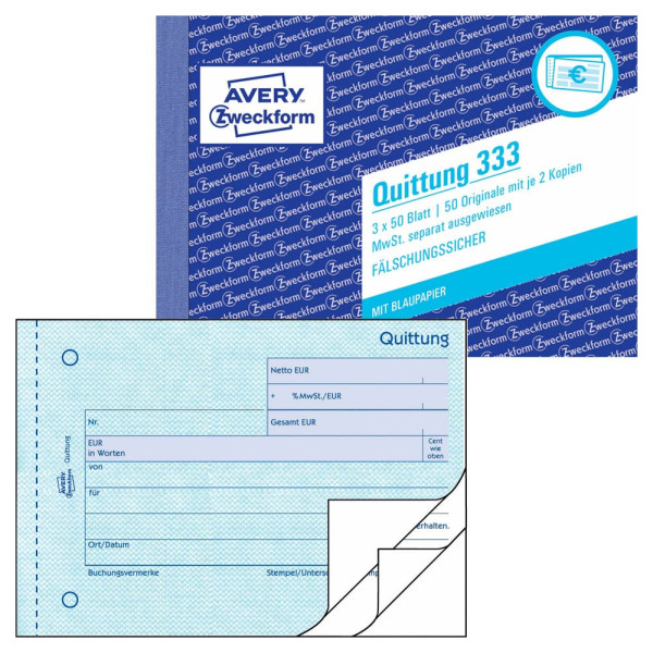 4004182003336 - AVERY Zweckform Kassenformulare Quittung MwSt separat ausgewiesen Quittung MwSt separat ausgew 333 DIN A6 quer 3x 50