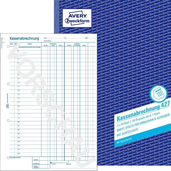 4004182004272 - AVERY Zweckform Kassenabrechnung mit MwSt-Spalte für Einnahmen und Ausgaben Formularbuch 427