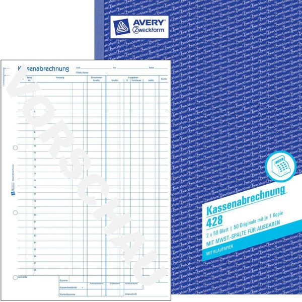 4004182004289 - Kassenabrechnung Formular din A4 nicht selbstdurchschreibend 1 Durchschlag 2 x 50 Bl - Avery Zweckform