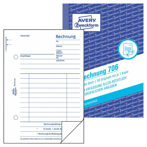 4004182007068 - AVERY Zweckform Rechnungsblock 706 DIN A6 Perforiert N A 50 Blatt